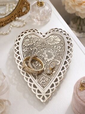 Brighton Silver Heart Trinket Tray Floral Jewelry Dish Vanity Decor Gift